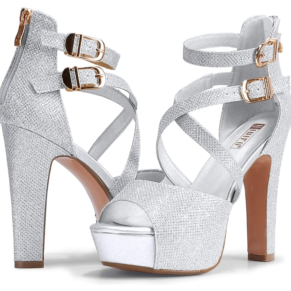 IDIFU Silver Sparkle Criss Cross Platform Heels